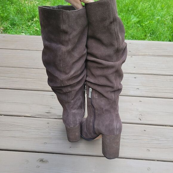 Splendid Chocolate Brown Suede Leather Square Toe Chunky Heel Slouchy Tall Boots - Picture 4 of 8